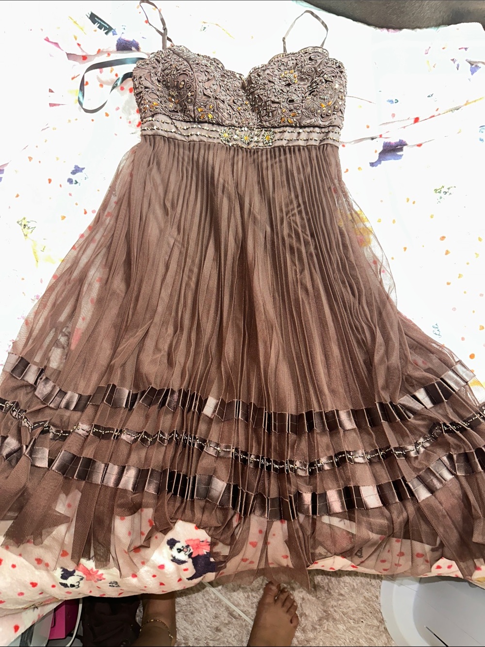 Vintage Brown Embellished Pleated  Dress
